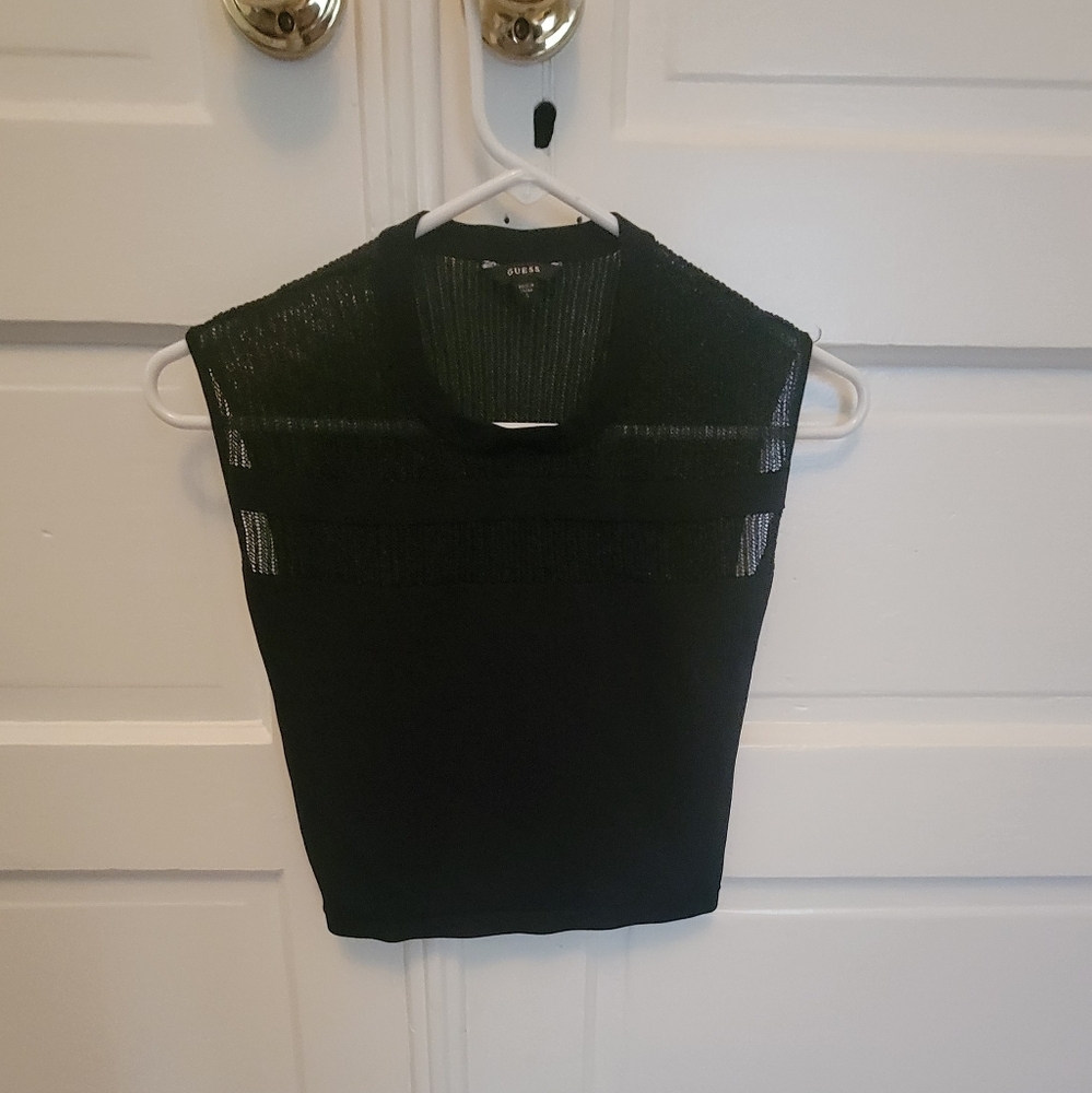 Guess Black Sleeveless Muscle Tee with Mandarin Collar